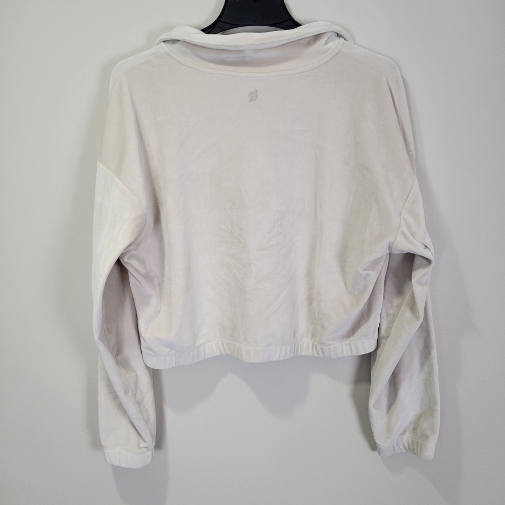 Peloton Velour V-Hem Pullover Hoodie Womens Large Beige Fitness Apparel Half Zip - Picture 7 of 7